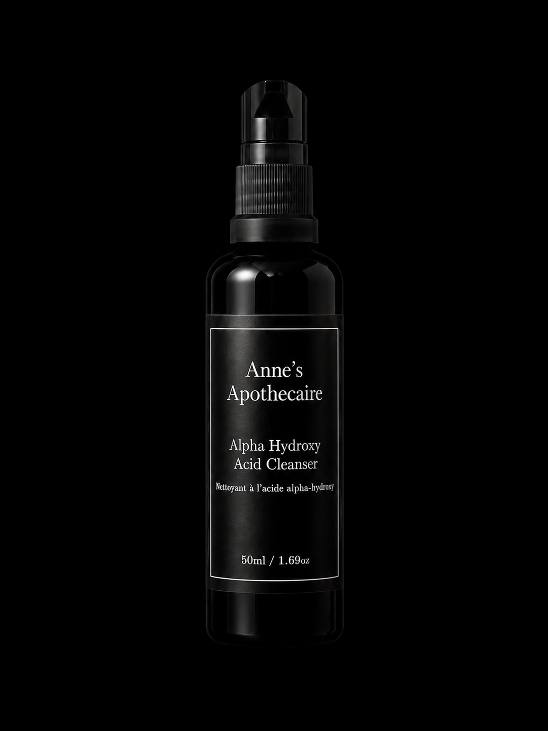 Black bottle of Anne's Apothecaire Alpha Hydroxy Acid Cleanser on a black background