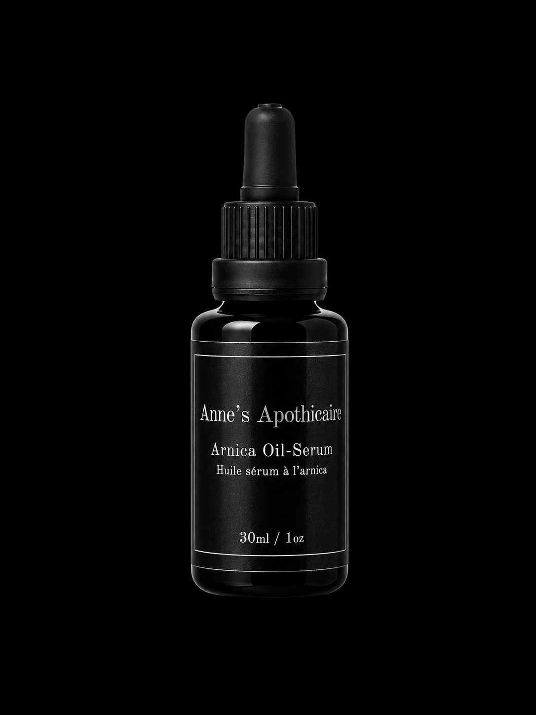 Anne's Apothicaire Arnica Oil-Serum in a 30ml black glass dropper bottle, set against a solid black background.